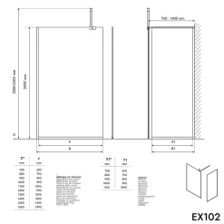 Paroi de douche italienne 90x220cm, verre NANO 10mm, profilé mural inox chrome, sans profilé sol - EX102-2