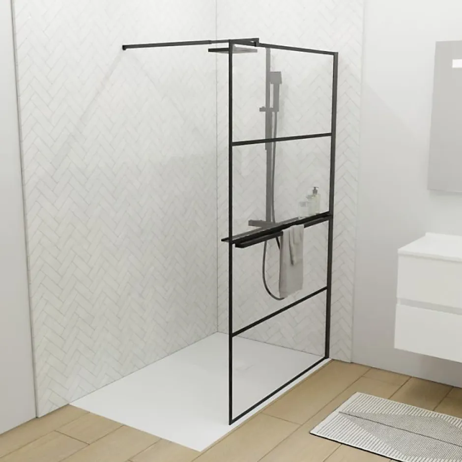 Cuisibane Paroi de douche noir mat avec porte-serviette et tablette DARKY 110 cm* Paroi De Douche