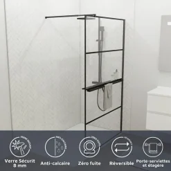 Cuisibane Paroi de douche noir mat avec porte-serviette et tablette DARKY 110 cm* Paroi De Douche