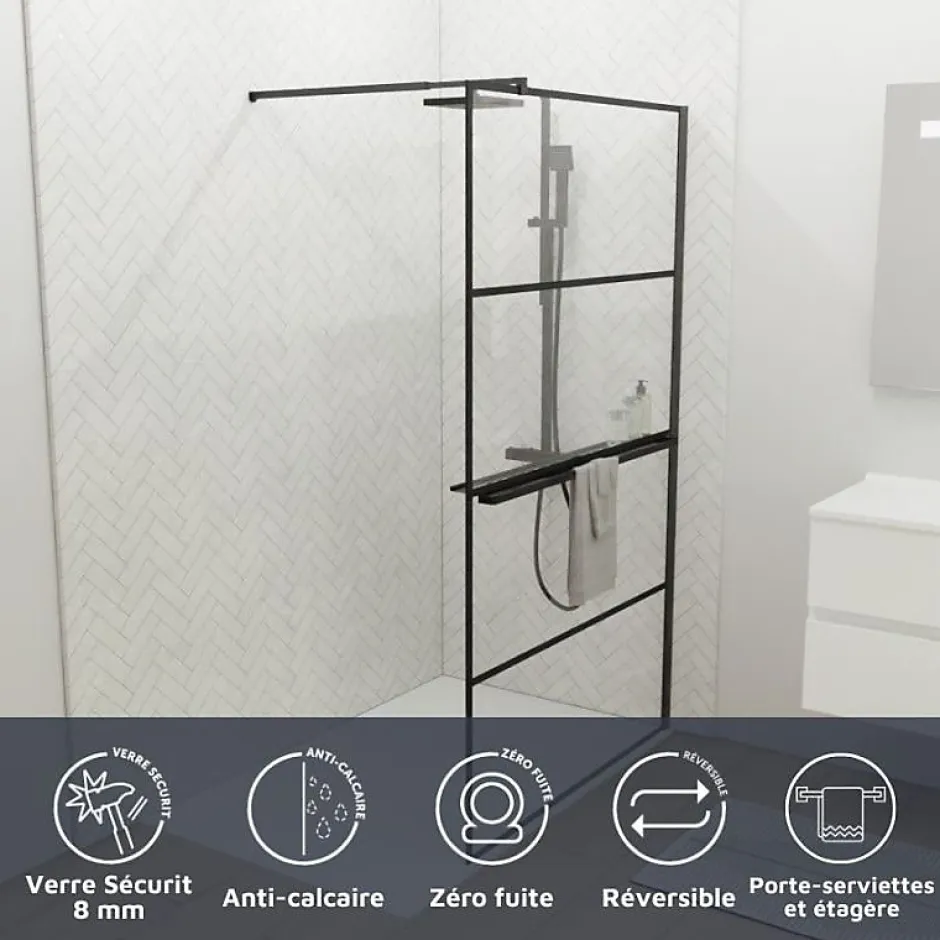 Cuisibane Paroi de douche noir mat avec porte-serviette et tablette DARKY 110 cm* Paroi De Douche