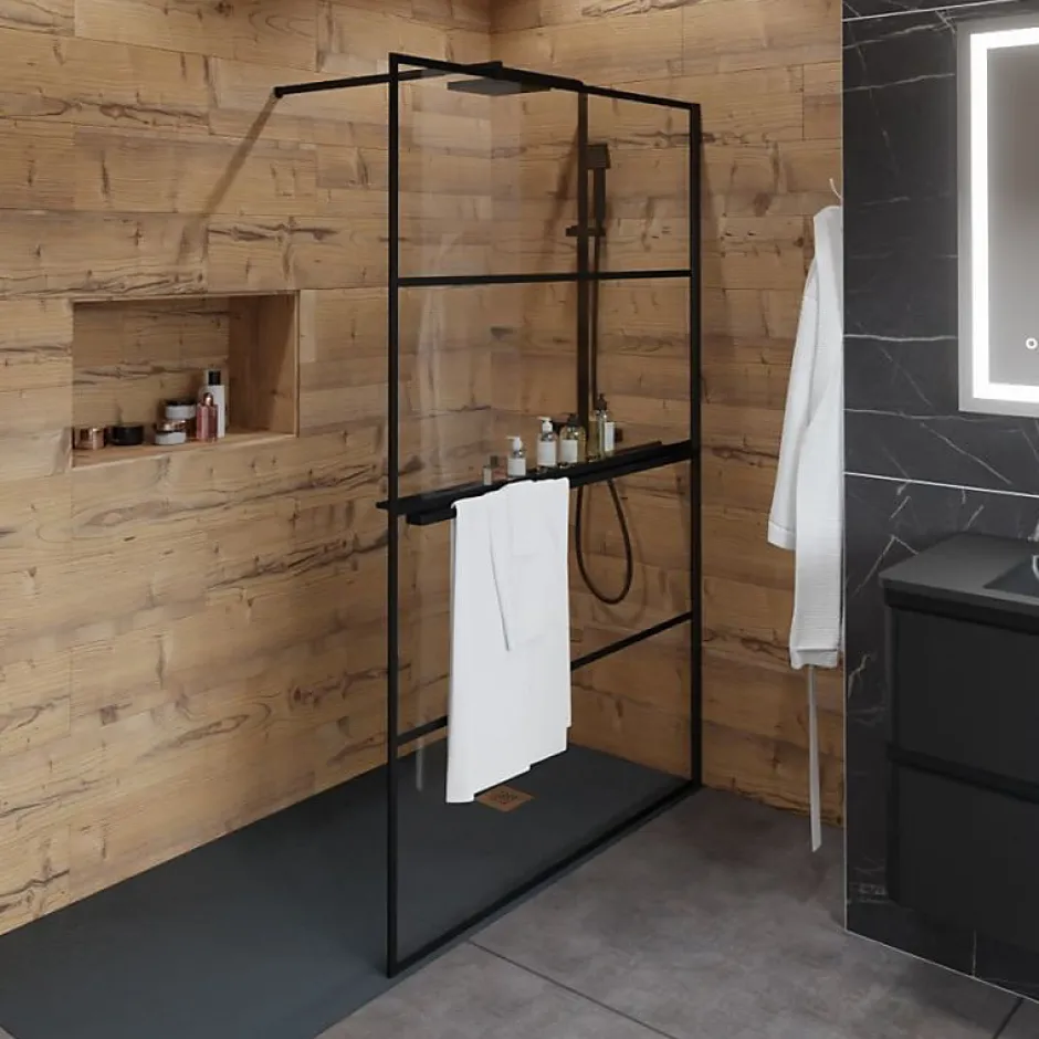 Cuisibane Paroi de douche noir mat avec porte-serviette et tablette DARKY 110 cm* Paroi De Douche