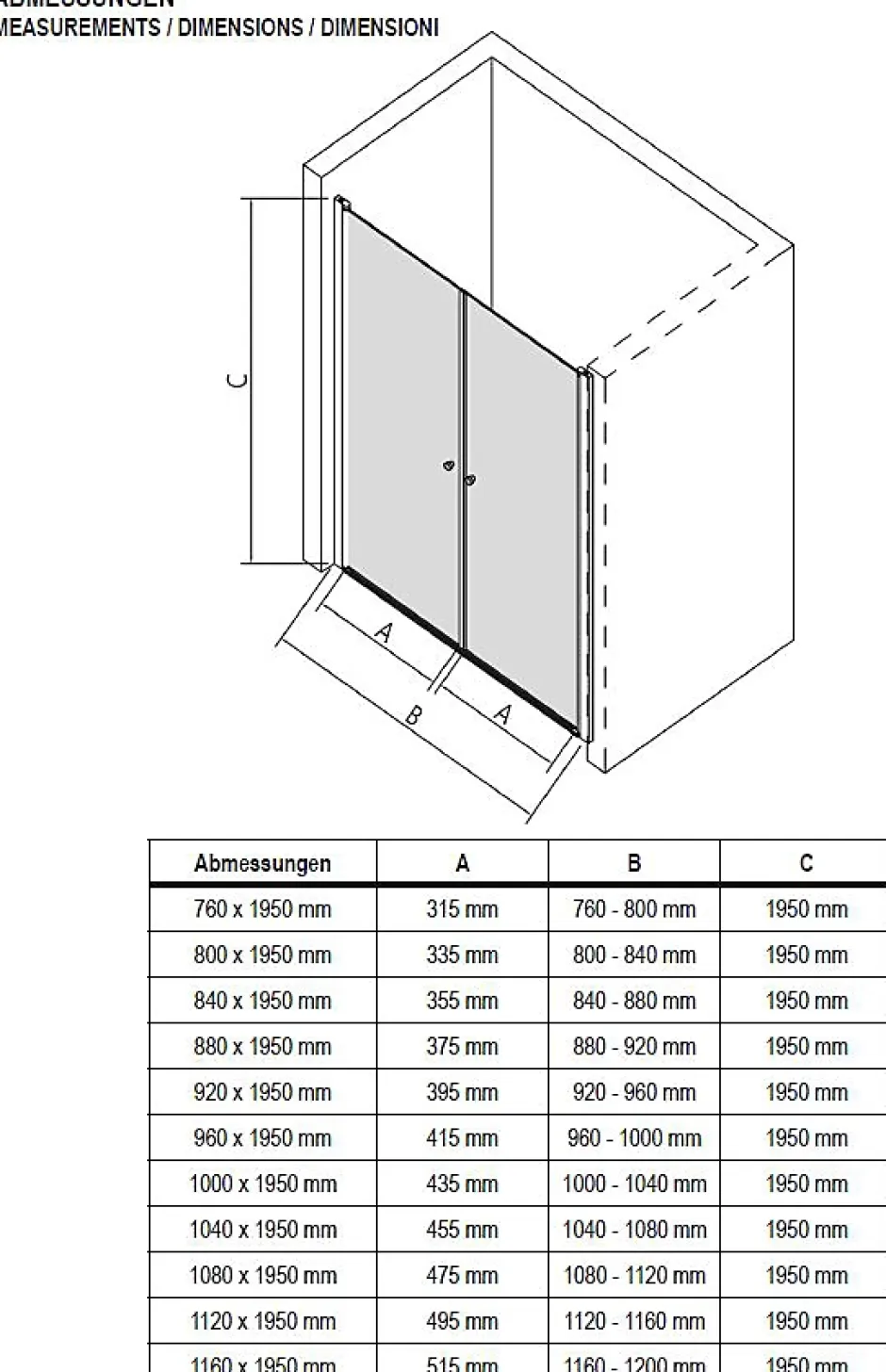 Bernstein Paroi de douche Profil noir mat 88x195cm en verre 6mm, Cabine de douche niche encastrée 2 portes battantes - NT218* Porte De Douche
