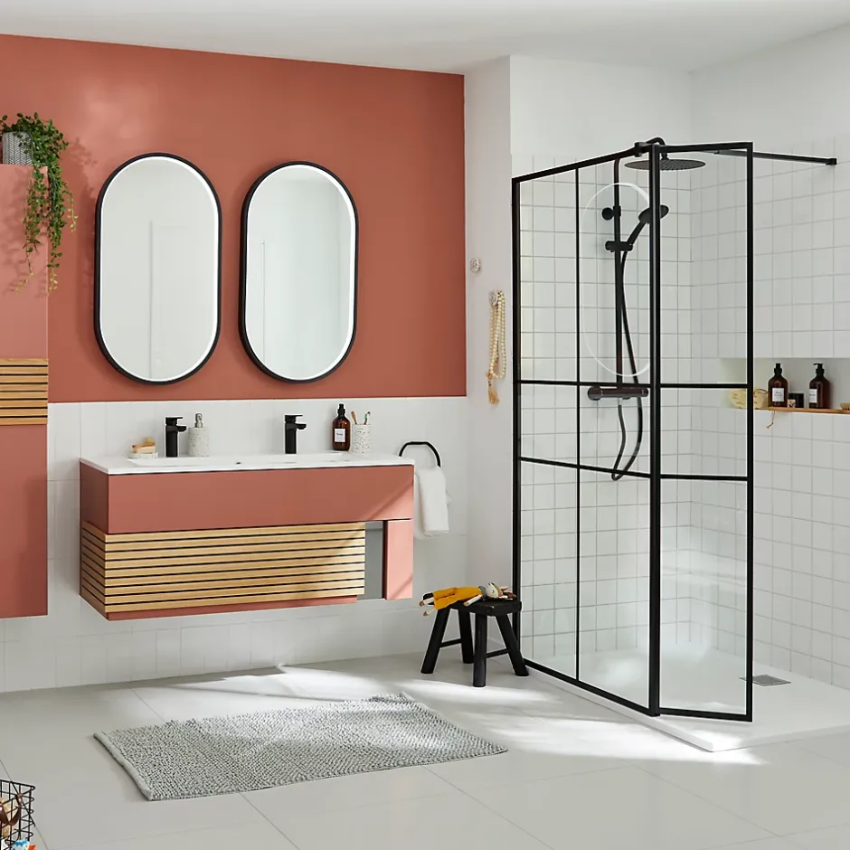 Paroi de douche walk in et volet verre transparent profilé noir 90 + 28 cm, GoodHome Ahti* Paroi De Douche