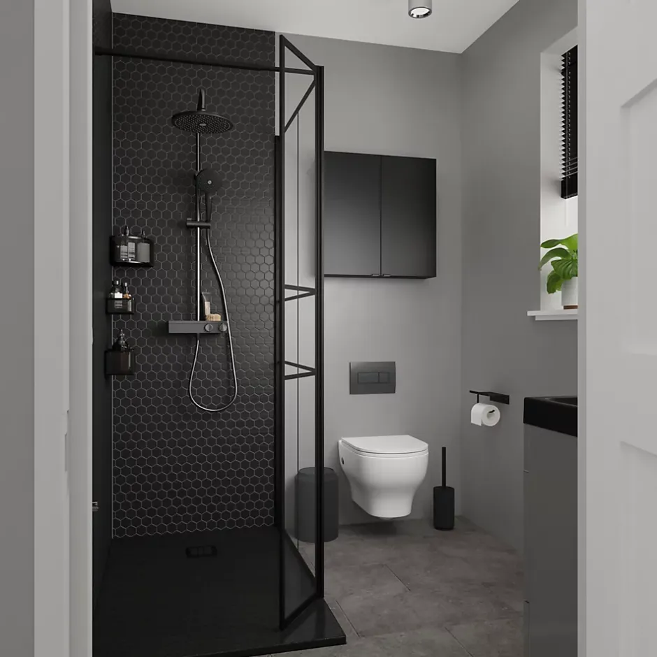 Paroi de douche walk in et volet verre transparent profilé noir 90 + 28 cm, GoodHome Ahti* Paroi De Douche