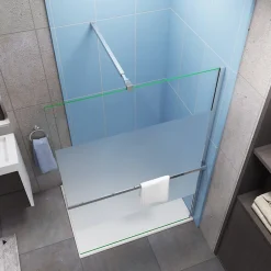 Paroi de douche 120x200 cm - 8mm verre trempé bande dépoli + barre extensible 73-120 cm + Étagère de Douch 120 cm
