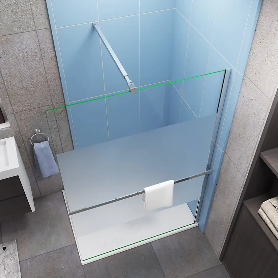 Paroi de douche 120x200 cm - 8mm verre trempé bande dépoli + barre extensible 73-120 cm + Étagère de Douch 120 cm
