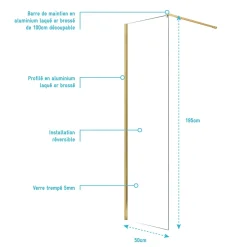 Aurlane Paroi de Douche 50x195 cm en Verre Trempé 5 mm - Finition Or Brossé - GOLD ELEMENTARY* Paroi De Douche