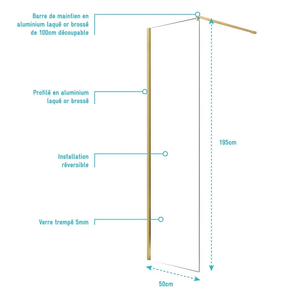 Aurlane Paroi de Douche 50x195 cm en Verre Trempé 5 mm - Finition Or Brossé - GOLD ELEMENTARY* Paroi De Douche