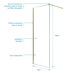 Aurlane Paroi de Douche 70x195 cm en Verre Trempé 5 mm - Finition Or Brossé - GOLD ELEMENTARY