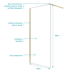 Aurlane Paroi de Douche 100x195 cm en Verre Trempé 5 mm - Finition Or Brossé - GOLD ELEMENTARY* Paroi De Douche