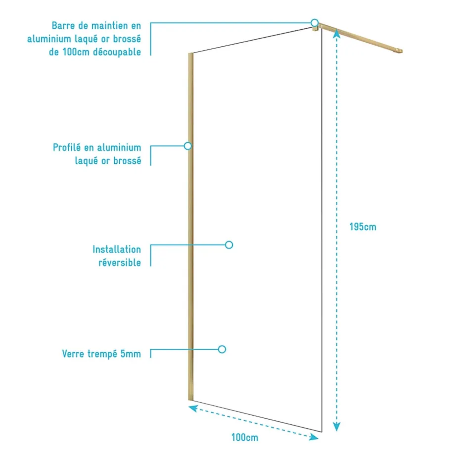 Aurlane Paroi de Douche 100x195 cm en Verre Trempé 5 mm - Finition Or Brossé - GOLD ELEMENTARY* Paroi De Douche