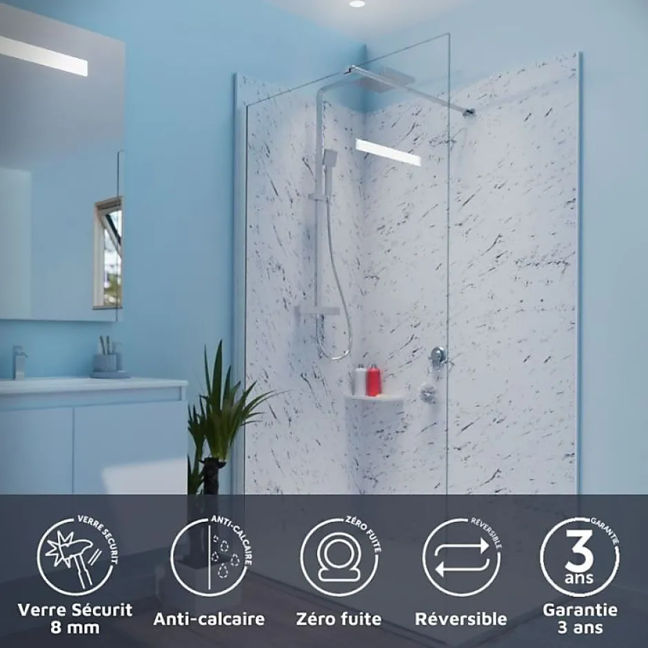 Cuisibane Paroi de douche 110x200 cm fixe CALYPSO - Verre 8 mm anticalcaire