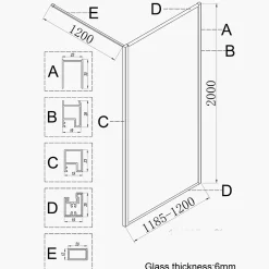 Essebagno Paroi de douche 120x200 cm verre anticalcaire 6mm avec barre de fixation et cadre complet en aluminium Or Brossé Square