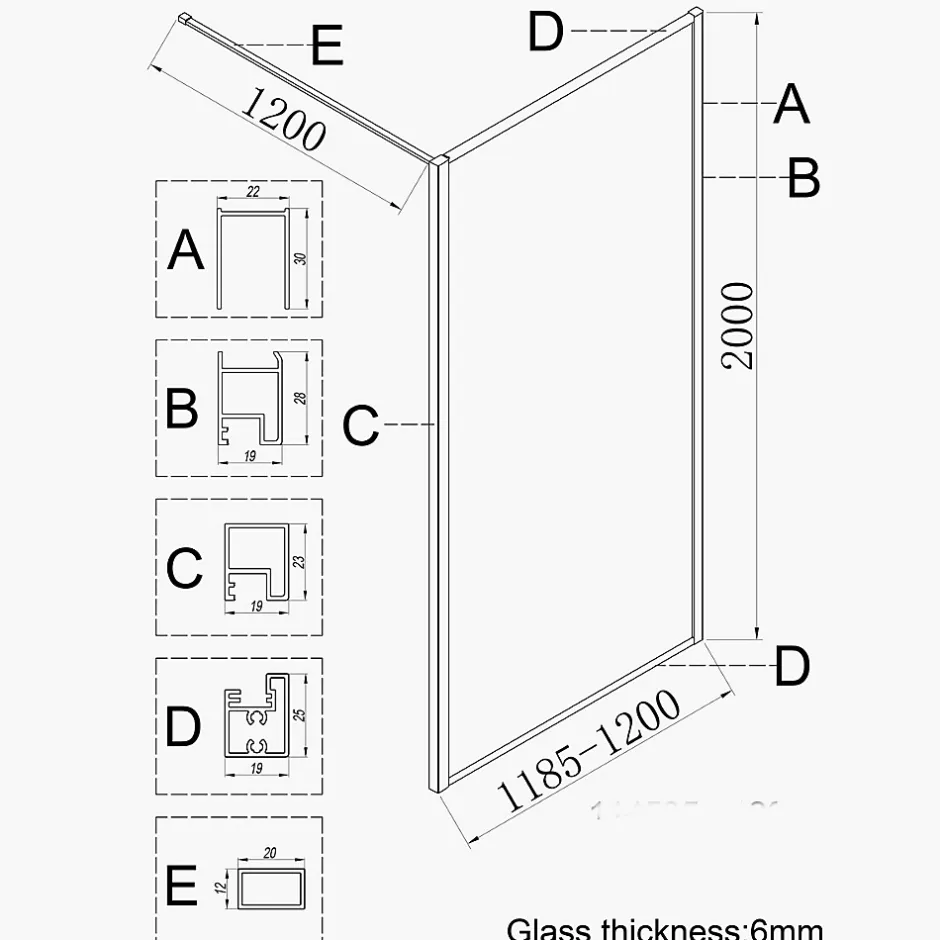Essebagno Paroi de douche 120x200 cm verre anticalcaire 6mm avec barre de fixation et cadre complet en aluminium Or Brossé Square