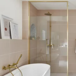 Essebagno Paroi de douche 120x200 cm verre anticalcaire 6mm avec barre de fixation et cadre complet en aluminium Or Brossé Square