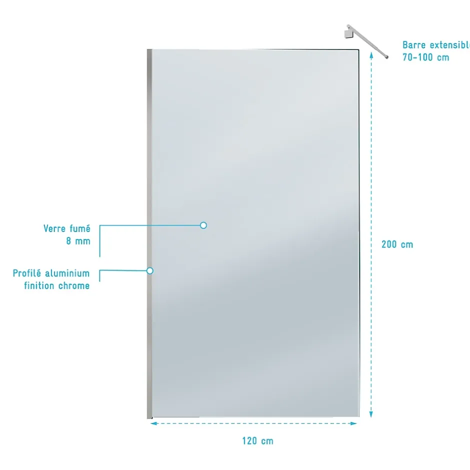 Aurlane Paroi de Douche 120x200cm Verre Fumé 8mm - Barre de Fixation Extensible et Profil Chrome