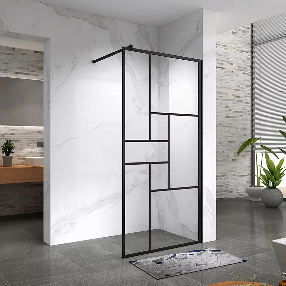 Paroi douche Italienne INEA noir 100 x 200 cm verre sérigraphié 8mm, atelier, transparent - Saniverre