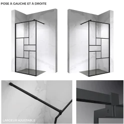 Paroi douche Italienne INEA noir 100 x 200 cm verre sérigraphié 8mm, atelier, transparent - Saniverre