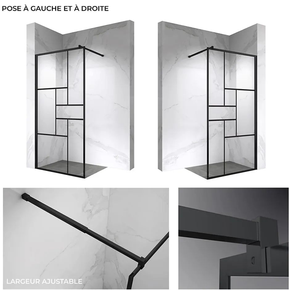 Paroi douche Italienne INEA noir 100 x 200 cm verre sérigraphié 8mm, atelier, transparent - Saniverre