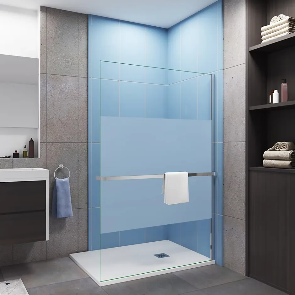 Paroi douche italienne 120x200 cm verre 8mm anticalcaire bande dépoli + Étagère de Douche alu chromé 120 cm