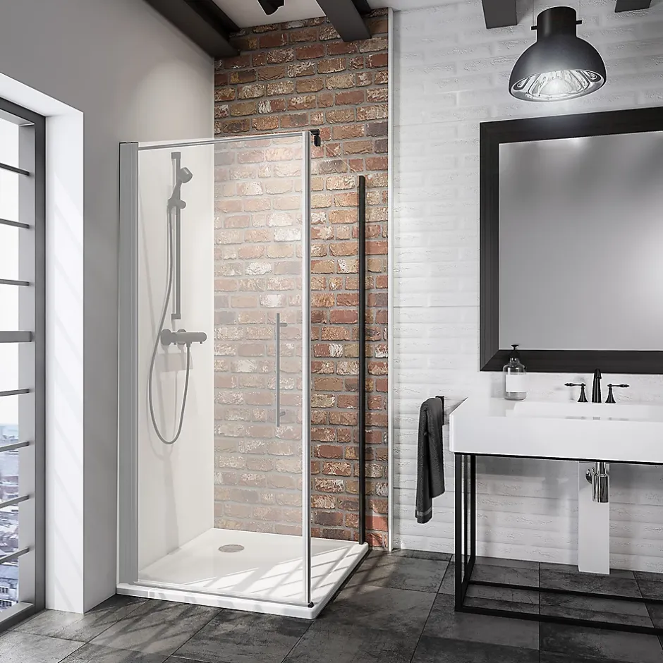 Paroi latérale fixe pour porte de douche pivotante l.90xH.190cm, verre transparent anticalcaire 5mm, profilé noir, Schulte NewStyle