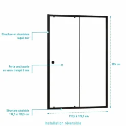 Aurlane Paroi porte de douche Coulissante Noir 120x185cm - Extensible de 112.5 à 126.5 cm - BLACK SLIDE 120