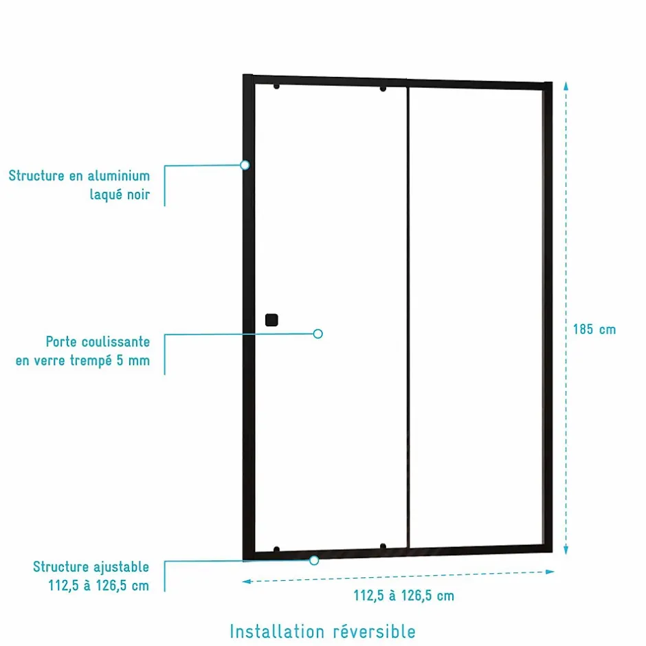 Aurlane Paroi porte de douche Coulissante Noir 120x185cm - Extensible de 112.5 à 126.5 cm - BLACK SLIDE 120