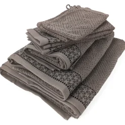 Linnea Parure de bain 7 pièces collection OSAKA motif fleurs pur coton marron