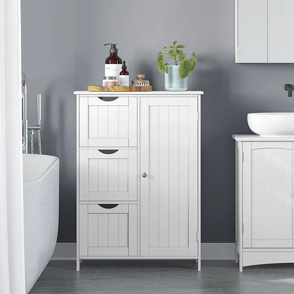 Calicosy Petit meuble de rangement 1 porte et 3 tiroirs blanc - L60 cm* Etagère Salle De Bains