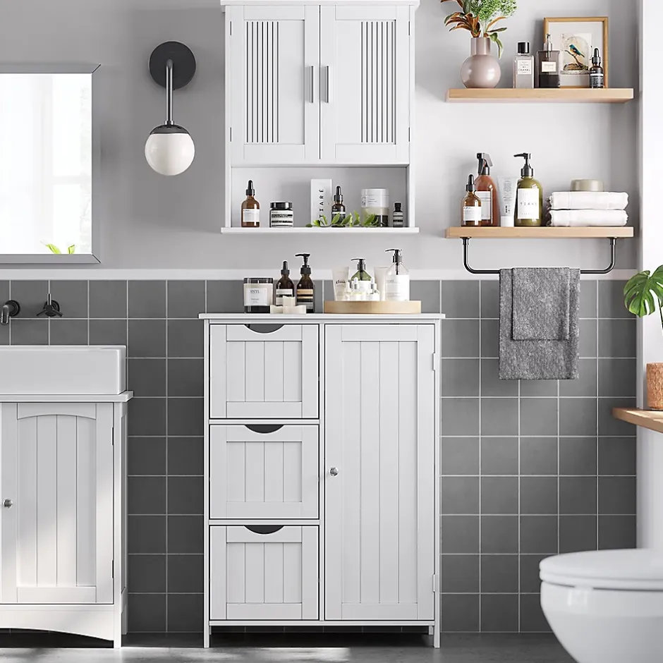 Calicosy Petit meuble de rangement 1 porte et 3 tiroirs blanc - L60 cm* Etagère Salle De Bains