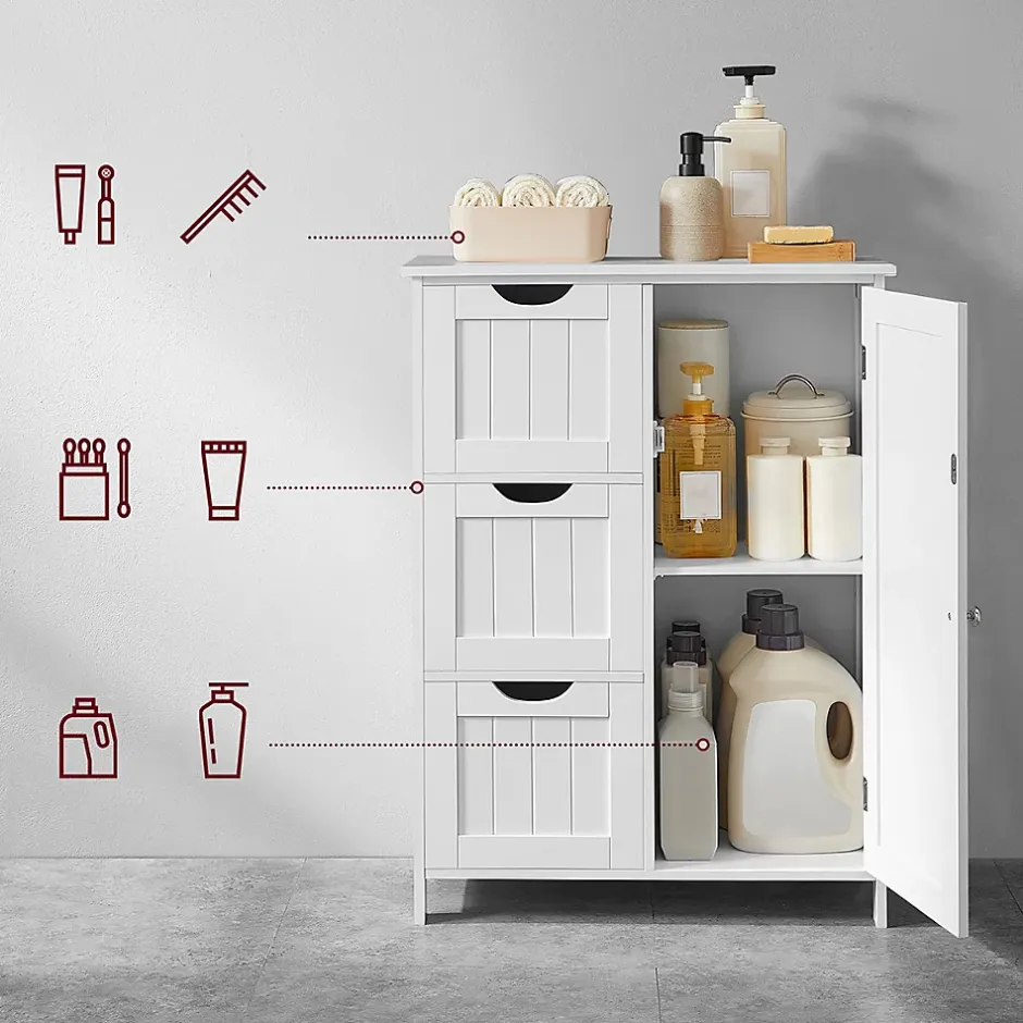 Calicosy Petit meuble de rangement 1 porte et 3 tiroirs blanc - L60 cm* Etagère Salle De Bains