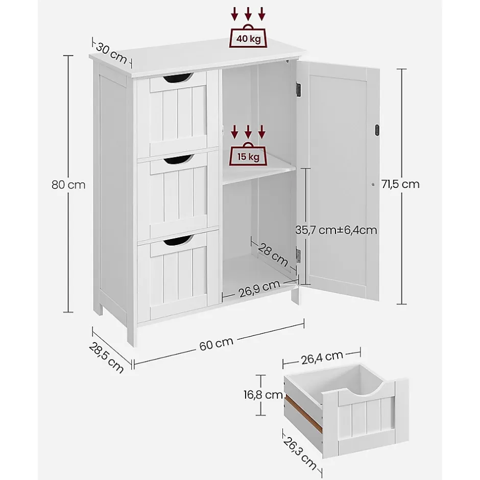 Calicosy Petit meuble de rangement 1 porte et 3 tiroirs blanc - L60 cm* Etagère Salle De Bains