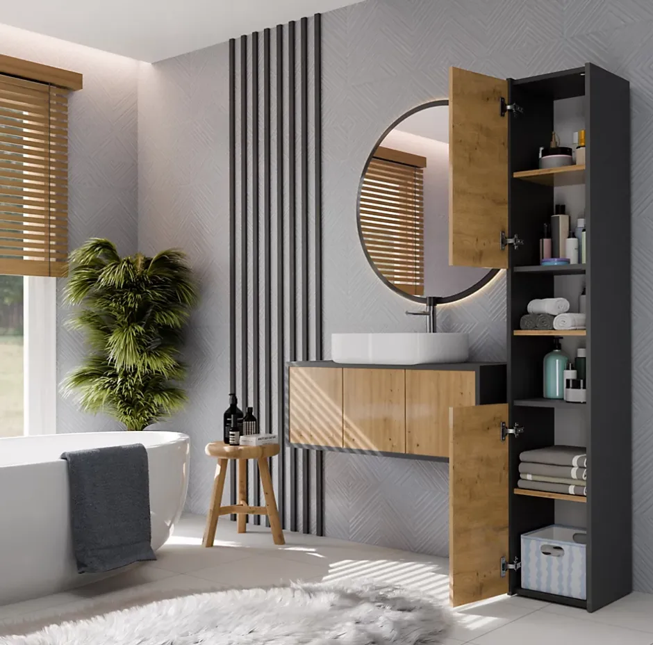 Topeshop PISA - Armoire de salle de bains - 170x30x30 cm - Colonne de rangement SDB - Aspect bois