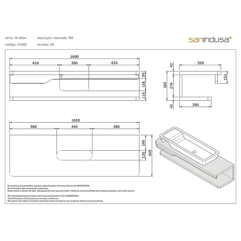 Sanindusa Plan de toilette à 2 niveaux pré-percé pour vasque à poser HI-dden 160 blanc* Plan Simple Vasque