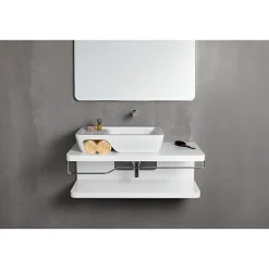 Sanindusa Plan de toilette à 2 niveaux pré-percé pour vasque poser HI-dden 100 blanc (vasque et porte serviette non inclus)