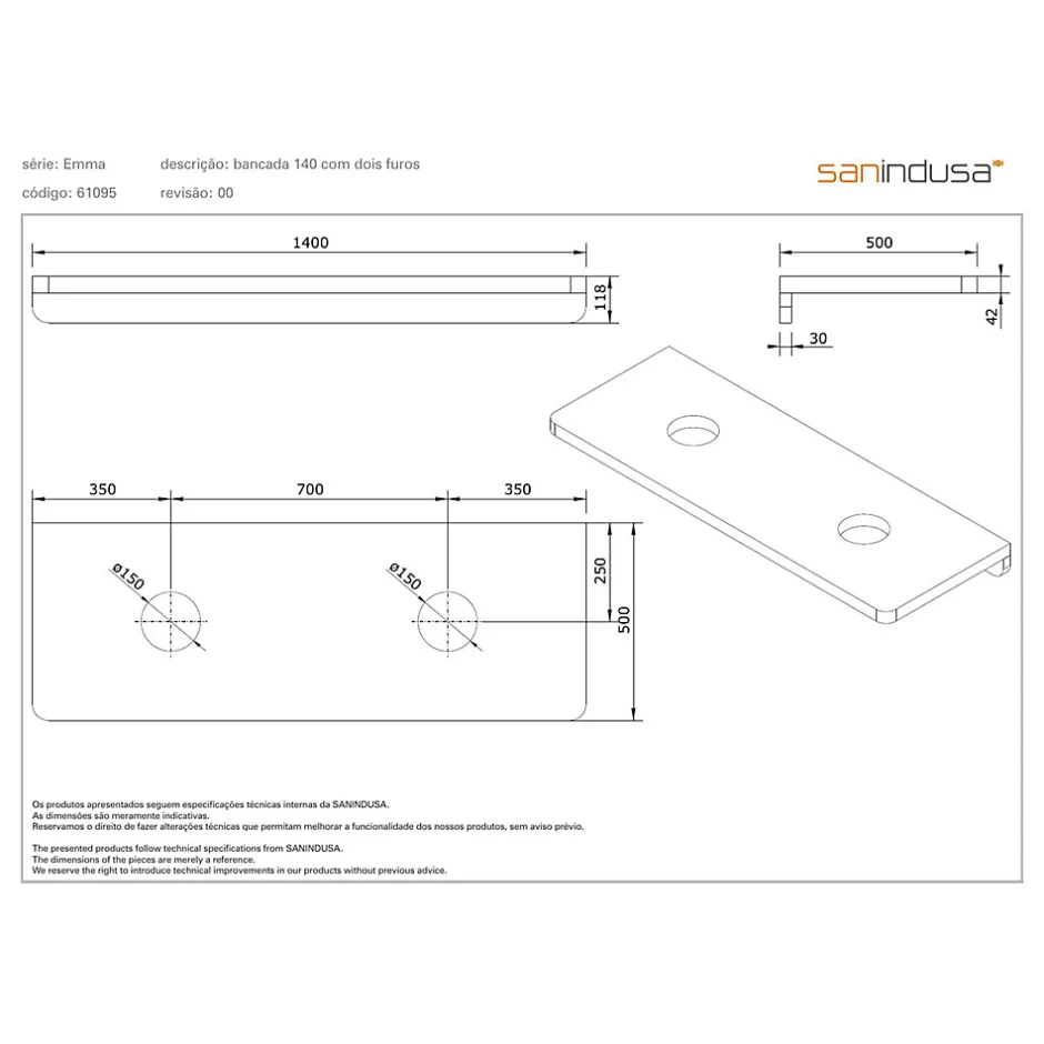 Sanindusa Plan de toilette blanc pour 2 vasques ou 2 lavabos à poser 140x50 pré-percés 2 trous pour bonde Emma 140 blanc