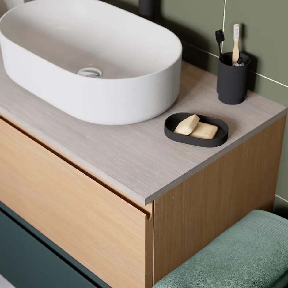 GoodHome Plan de toilette L.80 x l.45 x ép.2 cm, effet travertin, Cadélia