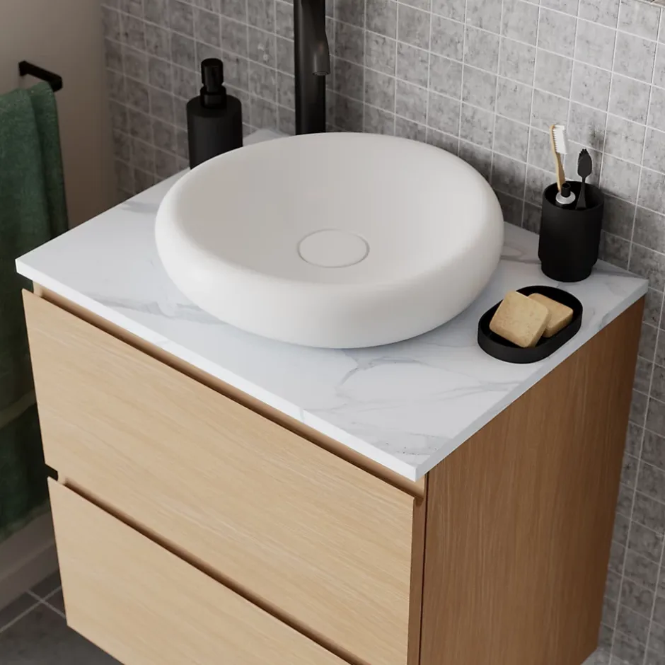 GoodHome Plan de toilette L.60 x l.45 x ép.2 cm, effet marbre blanc, Cadélia