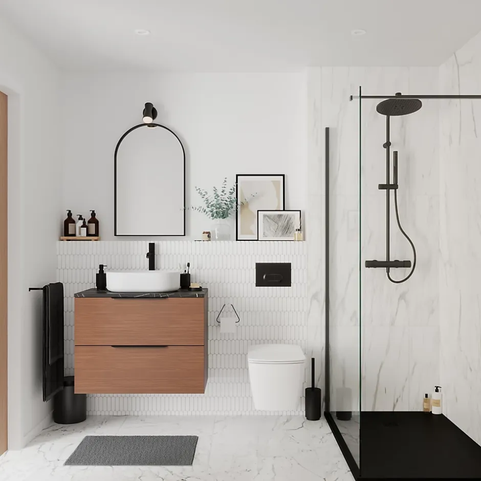 GoodHome Plan de toilette L.80 x l.45 x ép.2 cm effet marbre noir Cadélia* Plan De Travail Buanderie|Plan De Travail Salle De Bains