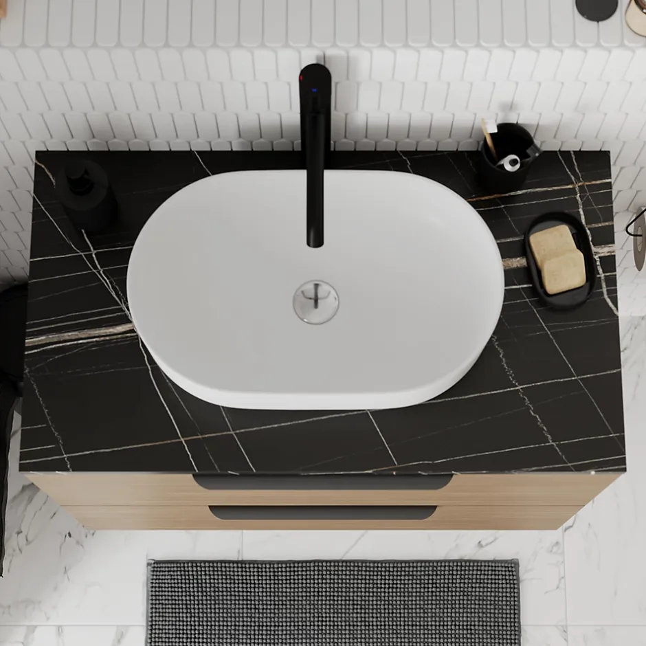 GoodHome Plan de toilette L.80 x l.45 x ép.2 cm effet marbre noir Cadélia* Plan De Travail Buanderie|Plan De Travail Salle De Bains