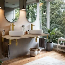 T-Bath Plan de toilette 121x49x3 cm hydrofuge placage orme naturel avec supports or