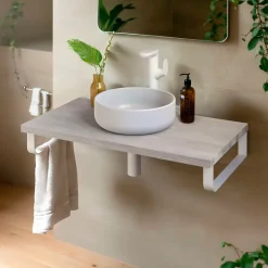 T-Bath Plan de toilette 91x49x3 cm hydrofuge placage frêne naturel avec supports blancs