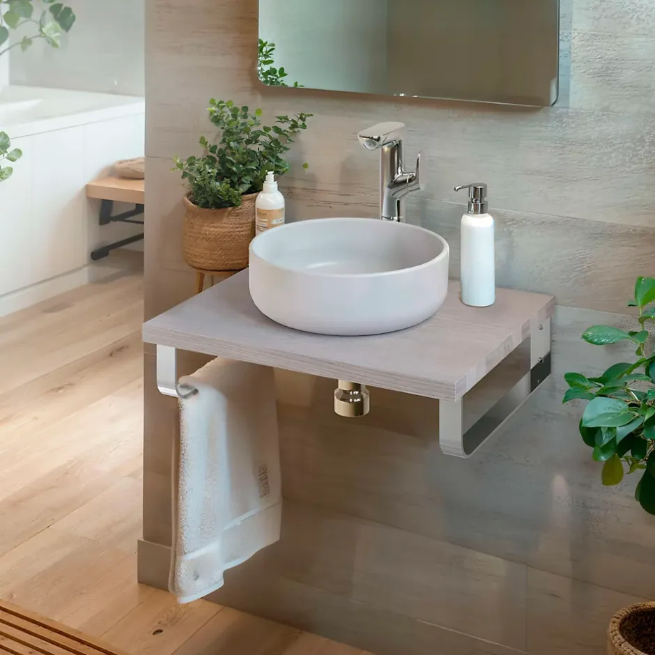 T-Bath Plan de toilette 61x49x3 cm hydrofuge placage frêne naturel avec supports chromés