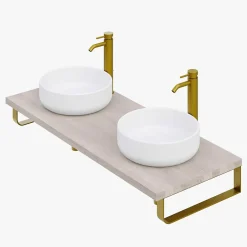 T-Bath Plan de toilette 121x49x3 cm hydrofuge placage frêne naturel avec supports or* Plan De Travail Salle De Bains