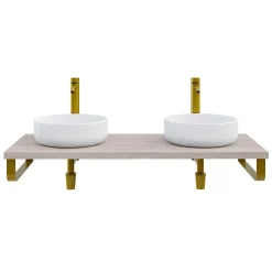 T-Bath Plan de toilette 121x49x3 cm hydrofuge placage frêne naturel avec supports or* Plan De Travail Salle De Bains