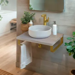 T-Bath Plan de toilette 61x49x3 cm hydrofuge placage frêne naturel avec supports or