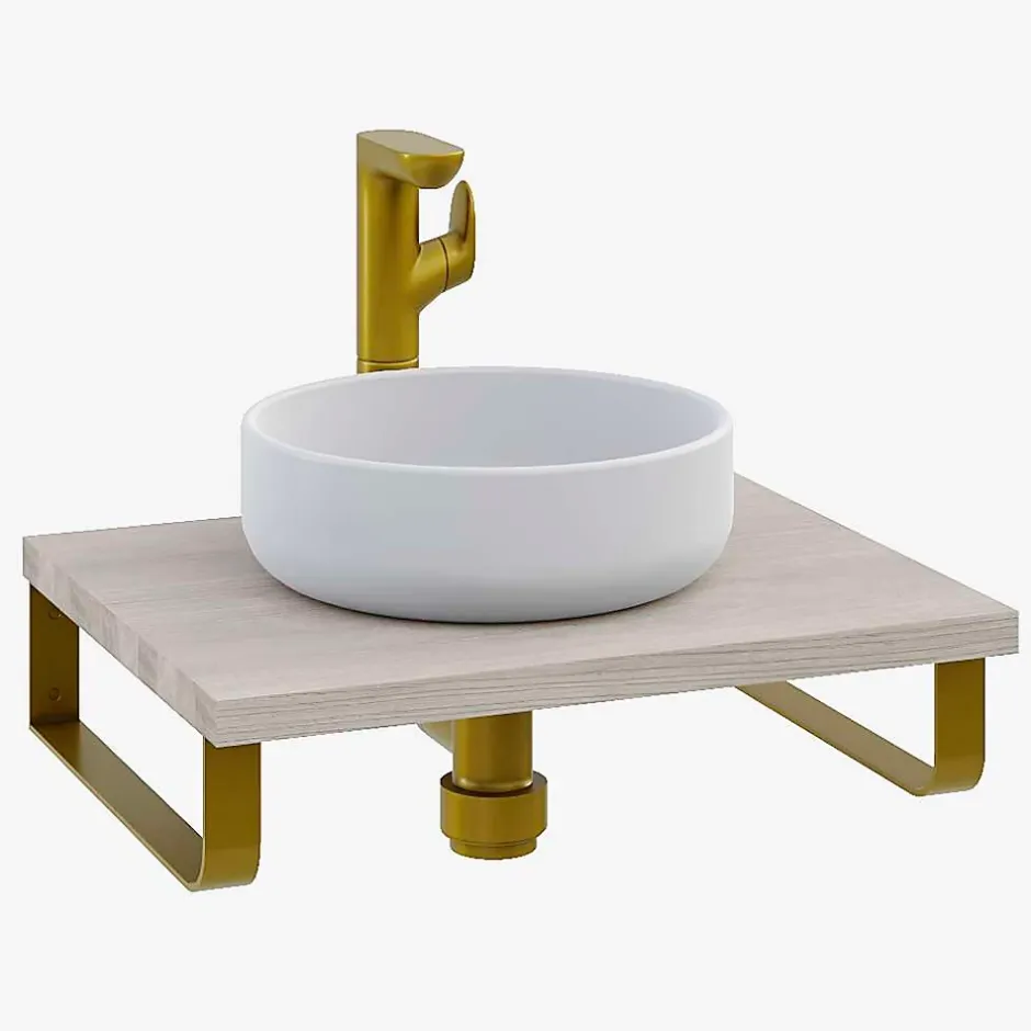 T-Bath Plan de toilette 61x49x3 cm hydrofuge placage frêne naturel avec supports or