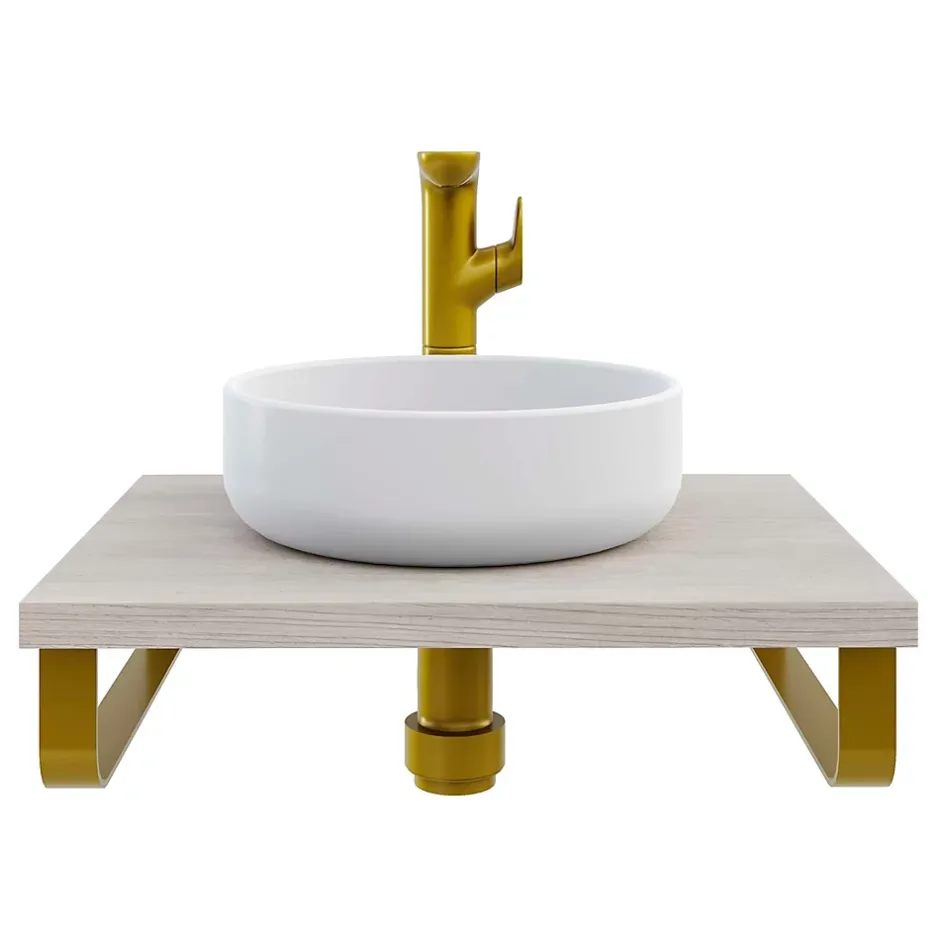 T-Bath Plan de toilette 61x49x3 cm hydrofuge placage frêne naturel avec supports or