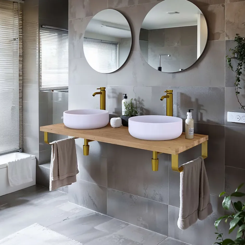 T-Bath Plan de toilette 121x49x3 cm hydrofuge placage chêne naturel avec supports or