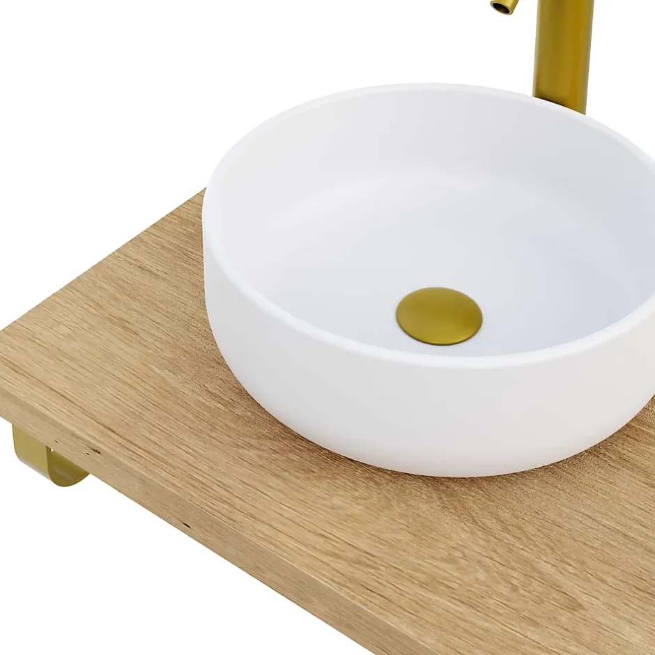 T-Bath Plan de toilette 121x49x3 cm hydrofuge placage chêne naturel avec supports or
